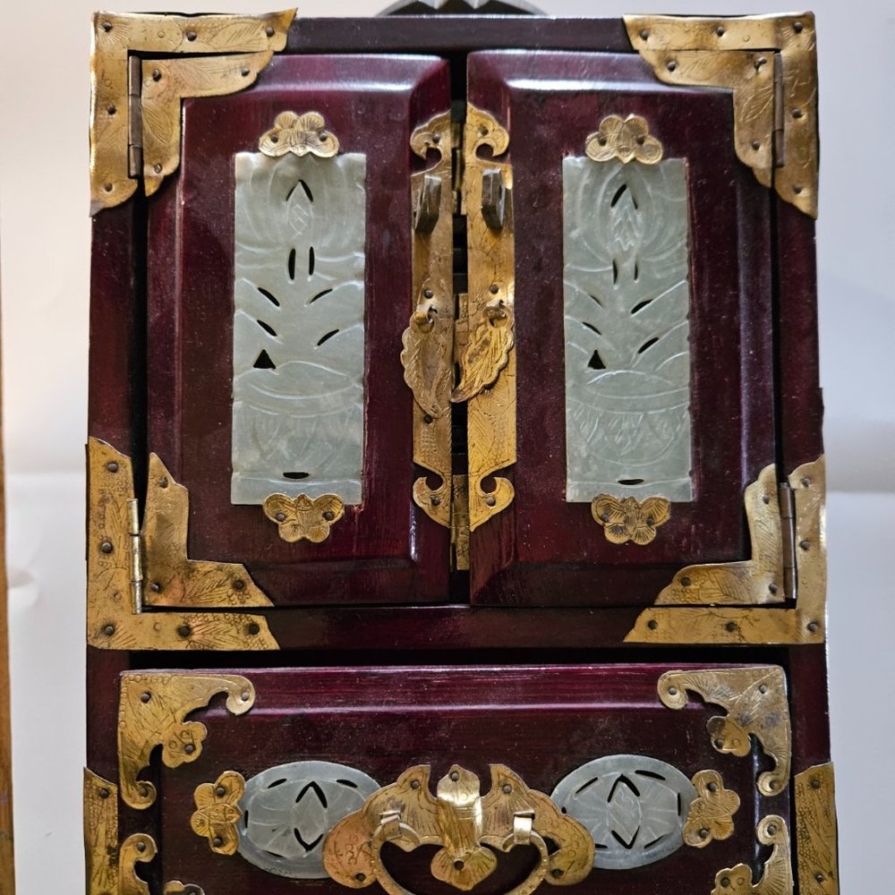 Vintage Asian Jewelry Box Wood Brass Jade Inlay #301